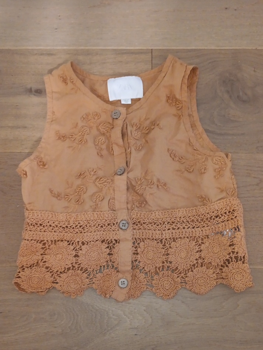 Zara Girls Tan Crochet-Trim Embroidered Button Tank